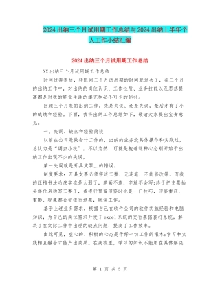 2024出纳三个月试用期工作总结与2024出纳上半年个人工作小结汇编