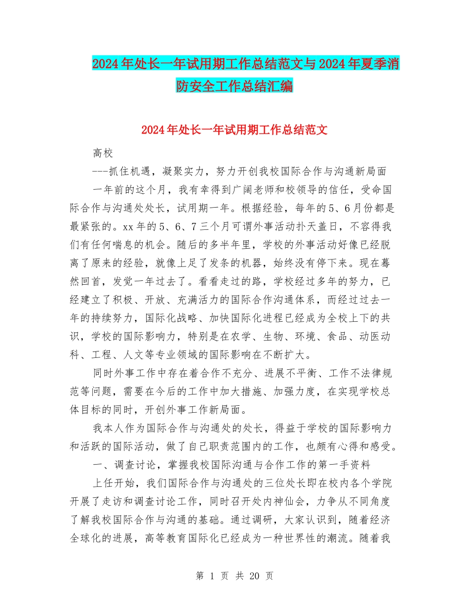 2024年处长一年试用期工作总结范文与2024年夏季消防安全工作总结汇编_第1页