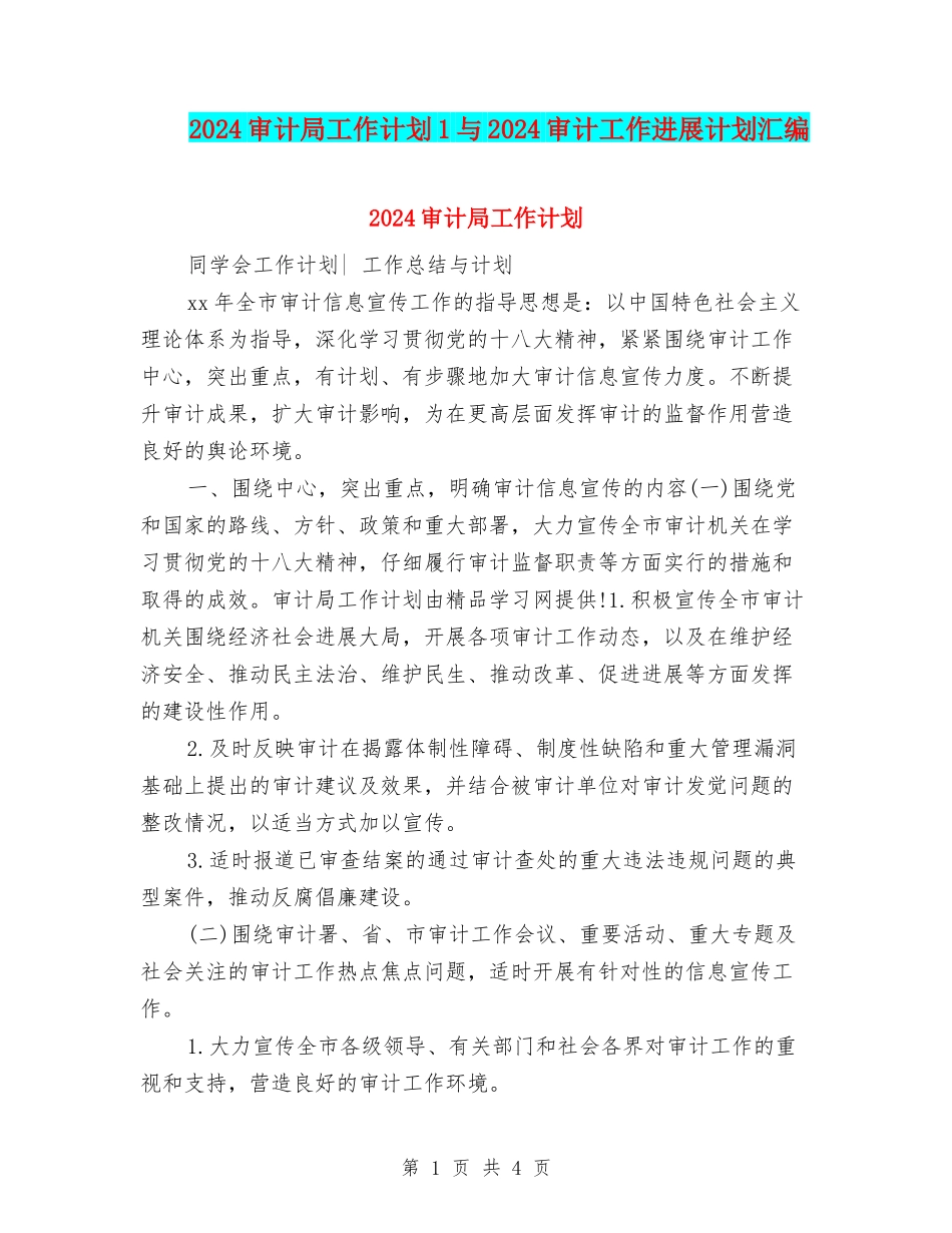 2024审计局工作计划1与2024审计工作发展计划汇编_第1页