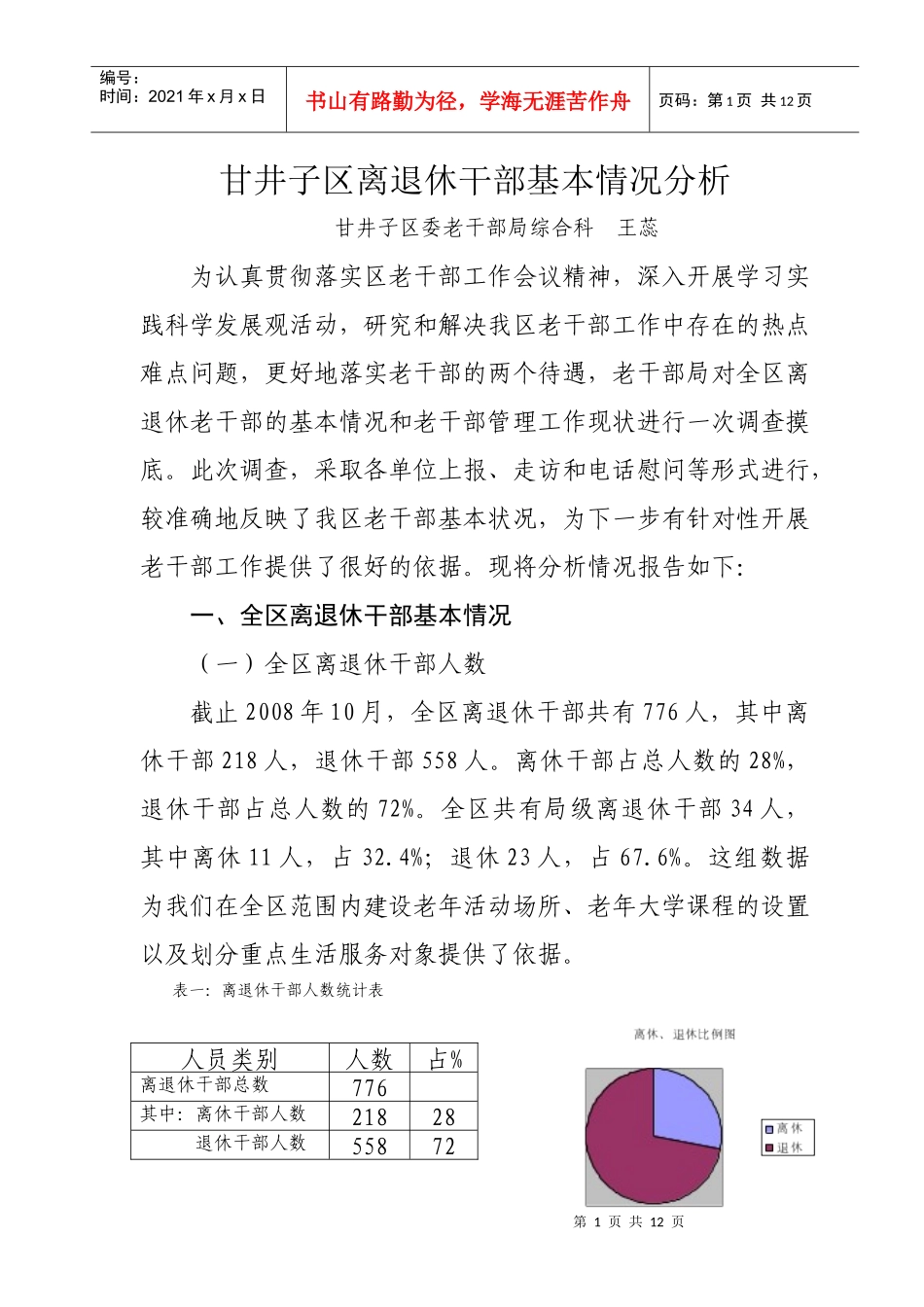 甘井子区离退休干部基本情况分析_第1页