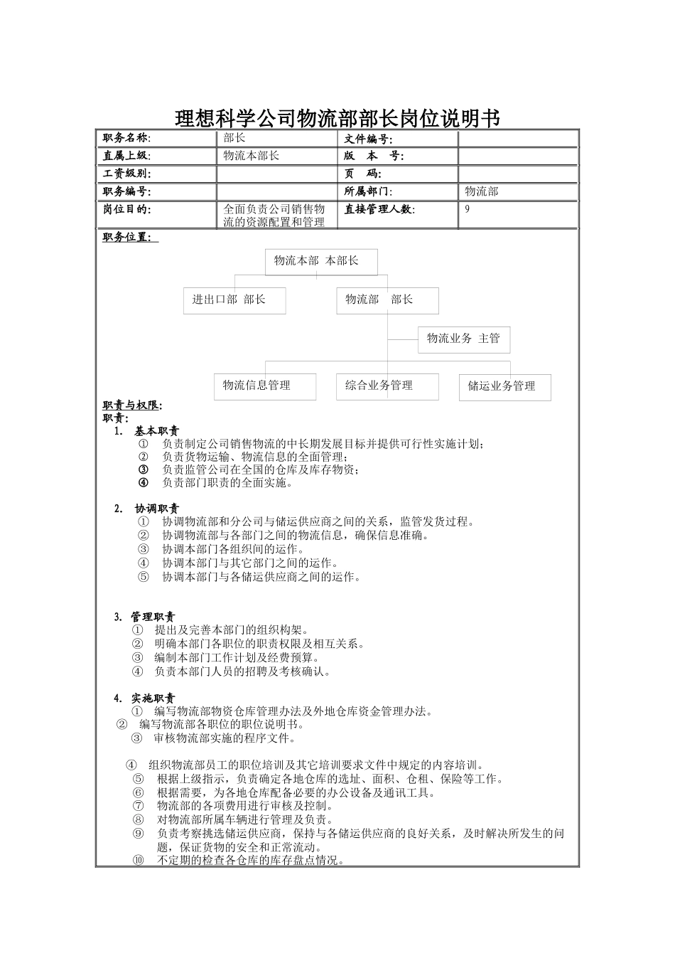 理想科学公司物流部部长岗位说明书_第1页