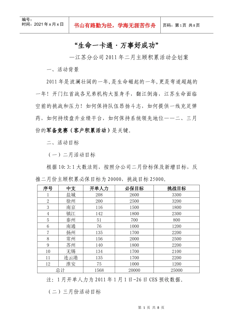 生命人寿江苏分公司XXXX年一季度客户积累活动推动企划案_第1页