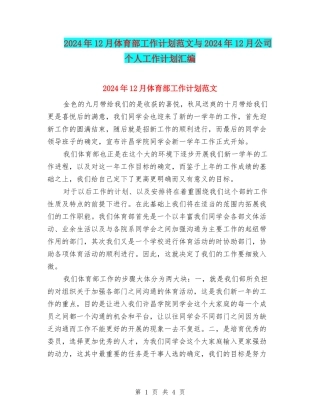 2024年12月体育部工作计划范文与2024年12月公司个人工作计划汇编