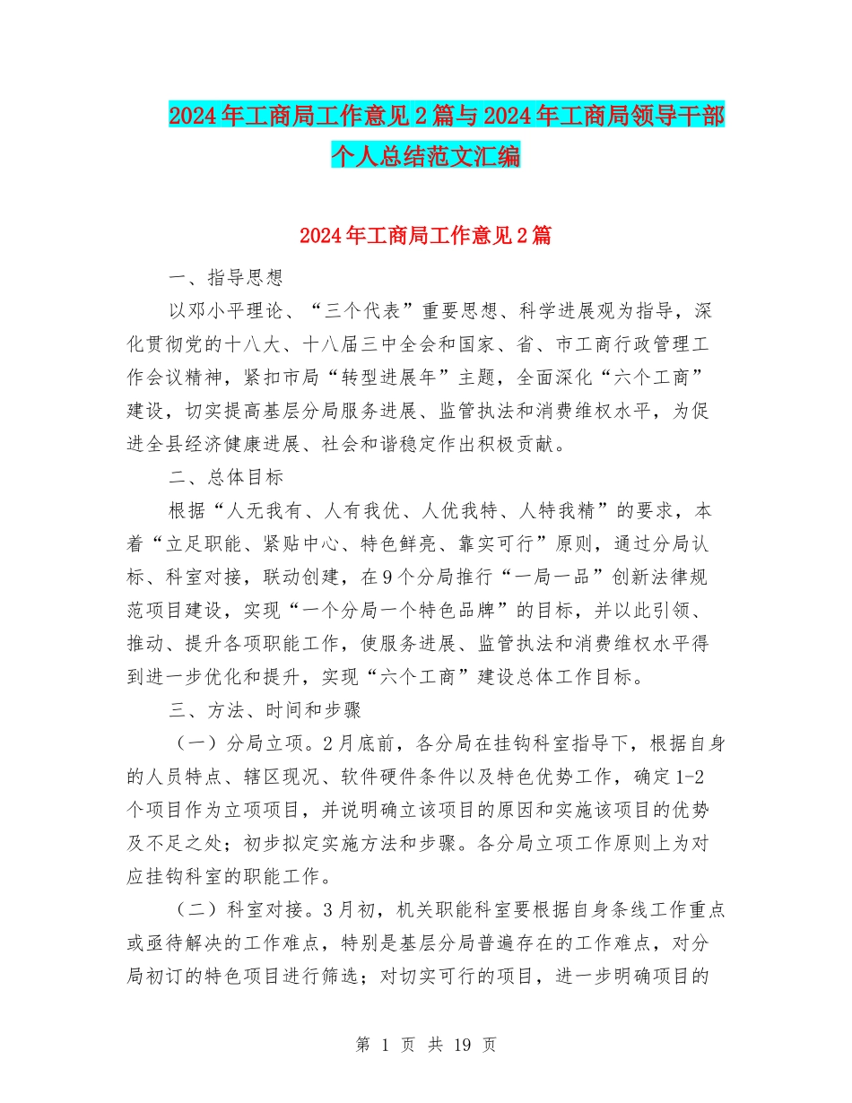 2024年工商局工作意见2篇与2024年工商局领导干部个人总结范文汇编_第1页