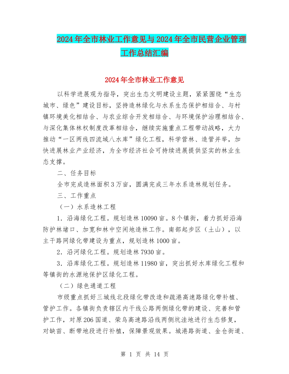 2024年全市林业工作意见与2024年全市民营企业管理工作总结汇编_第1页