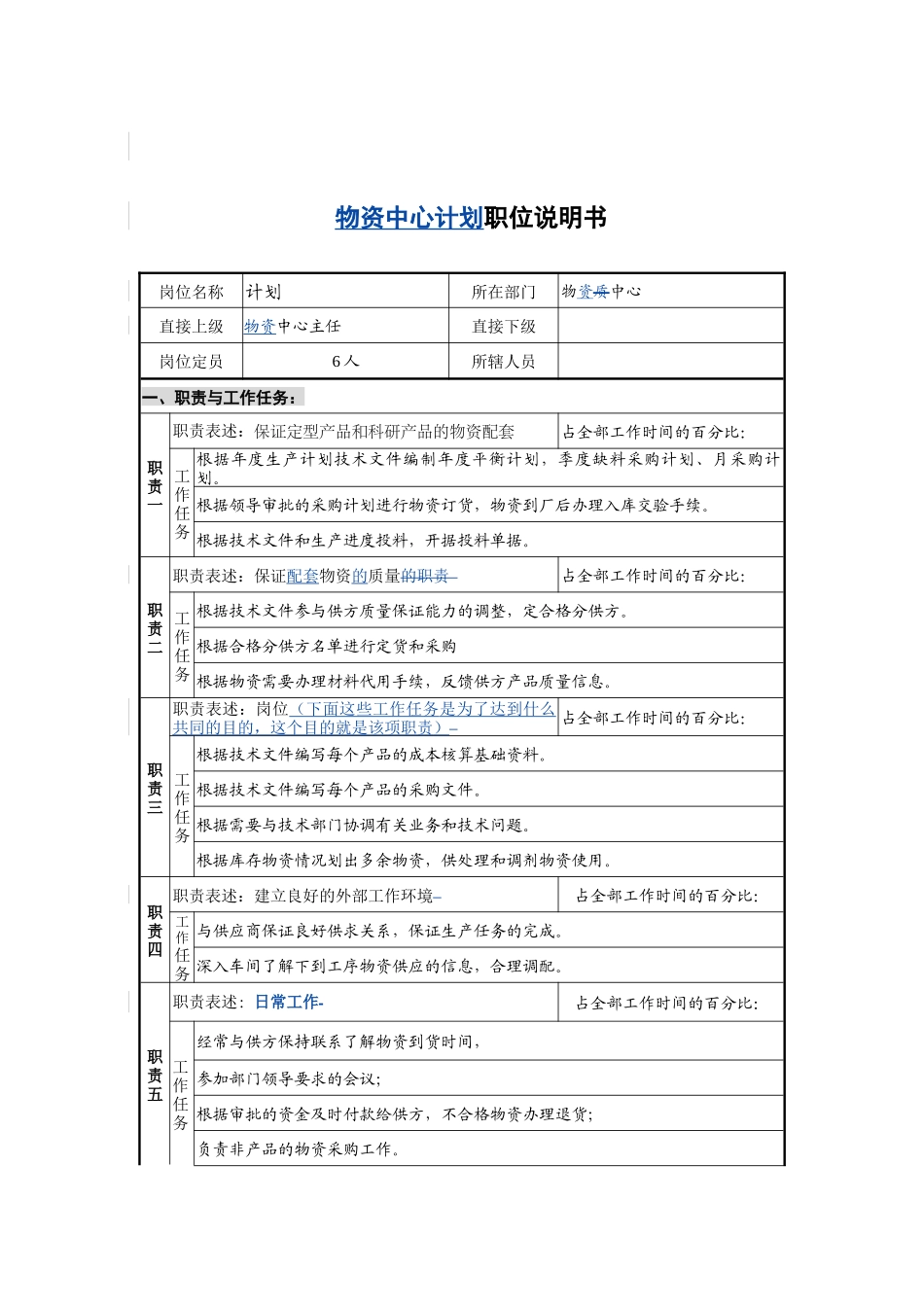 物资中心计划岗位说明书_第1页