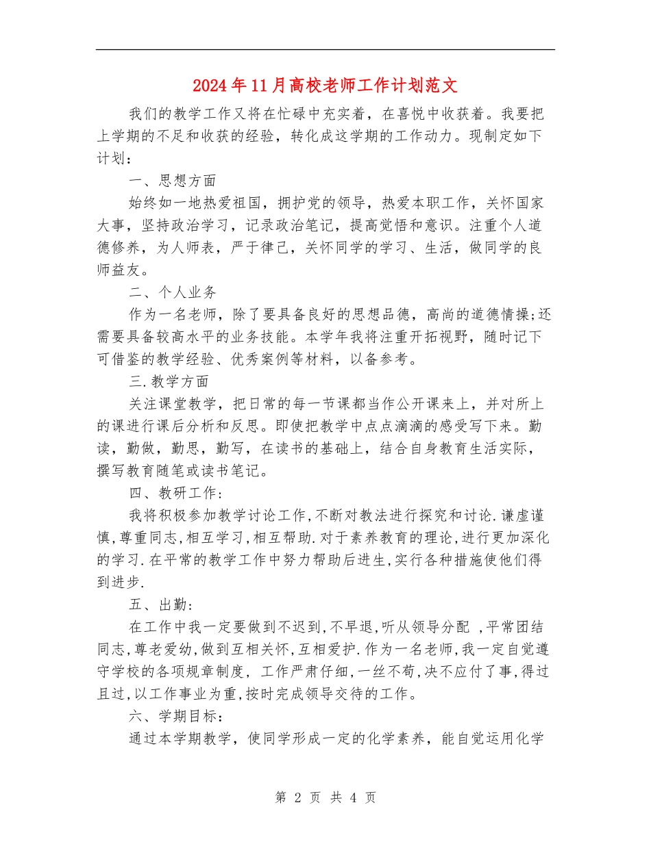 2024年11月大学教师工作计划范文_第2页