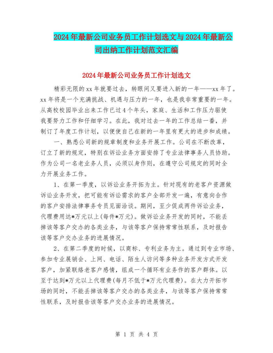 2024年最新公司业务员工作计划选文与2024年最新公司出纳工作计划范文汇编_第1页