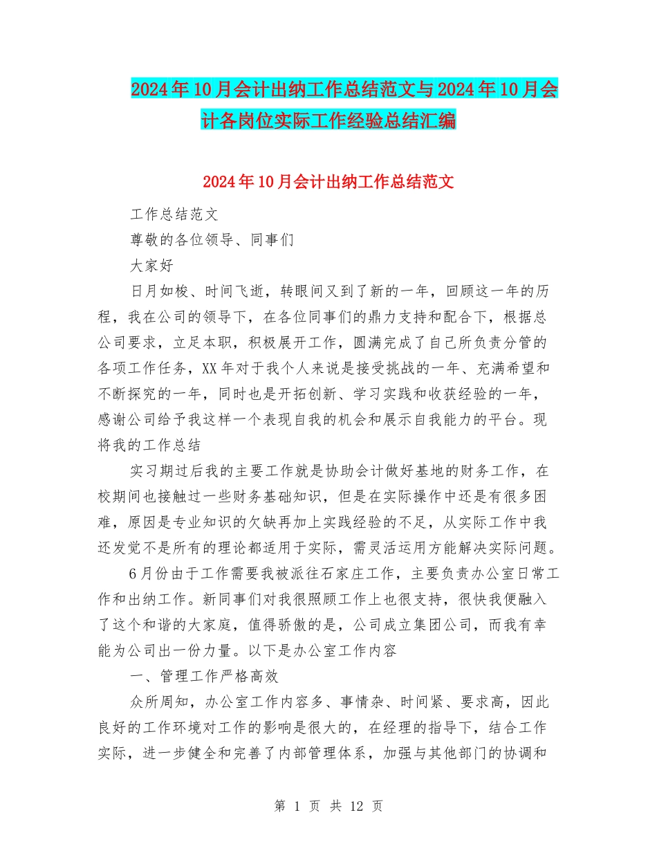 2024年10月会计出纳工作总结范文与2024年10月会计各岗位实际工作经验总结汇编_第1页