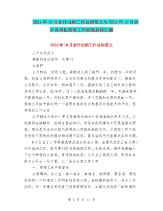2024年10月会计出纳工作总结范文与2024年10月会计各岗位实际工作经验总结汇编