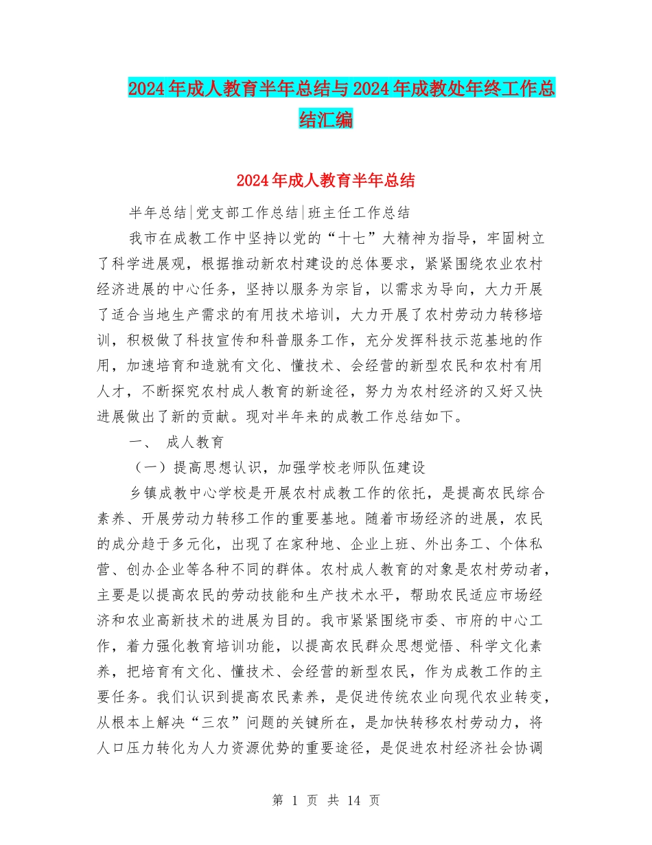 2024年成人教育半年总结与2024年成教处年终工作总结汇编_第1页