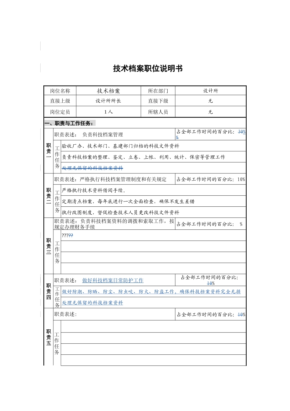 设计所技术档案岗位说明书_第1页