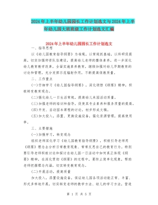 2024年上半年幼儿园园长工作计划选文与2024年上半年幼儿园大班班级工作计划选文汇编