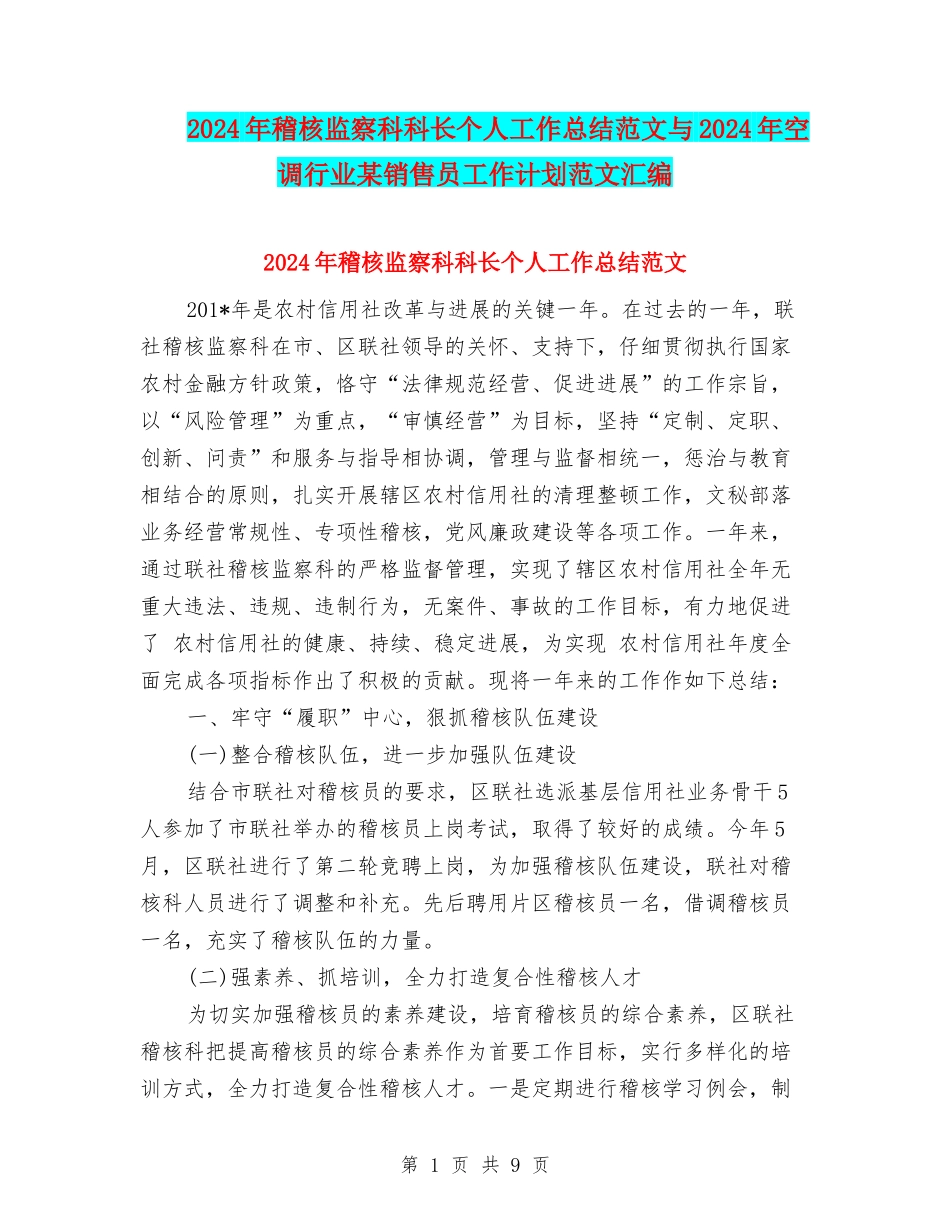2024年稽核监察科科长个人工作总结范文与2024年空调行业某销售员工作计划范文汇编_第1页