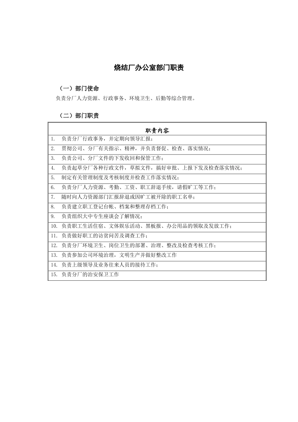 邢台德龙钢铁实业有限公司烧结厂办公室部门职责_第1页