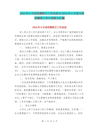 2024年6月试用期转正工作总结与2024年6月语文培优辅差工作计划范文汇编