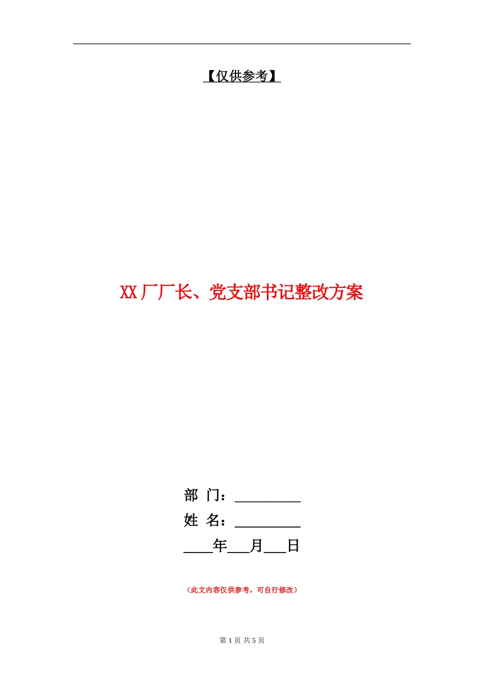 XX厂厂长、党支部书记整改方案_第1页