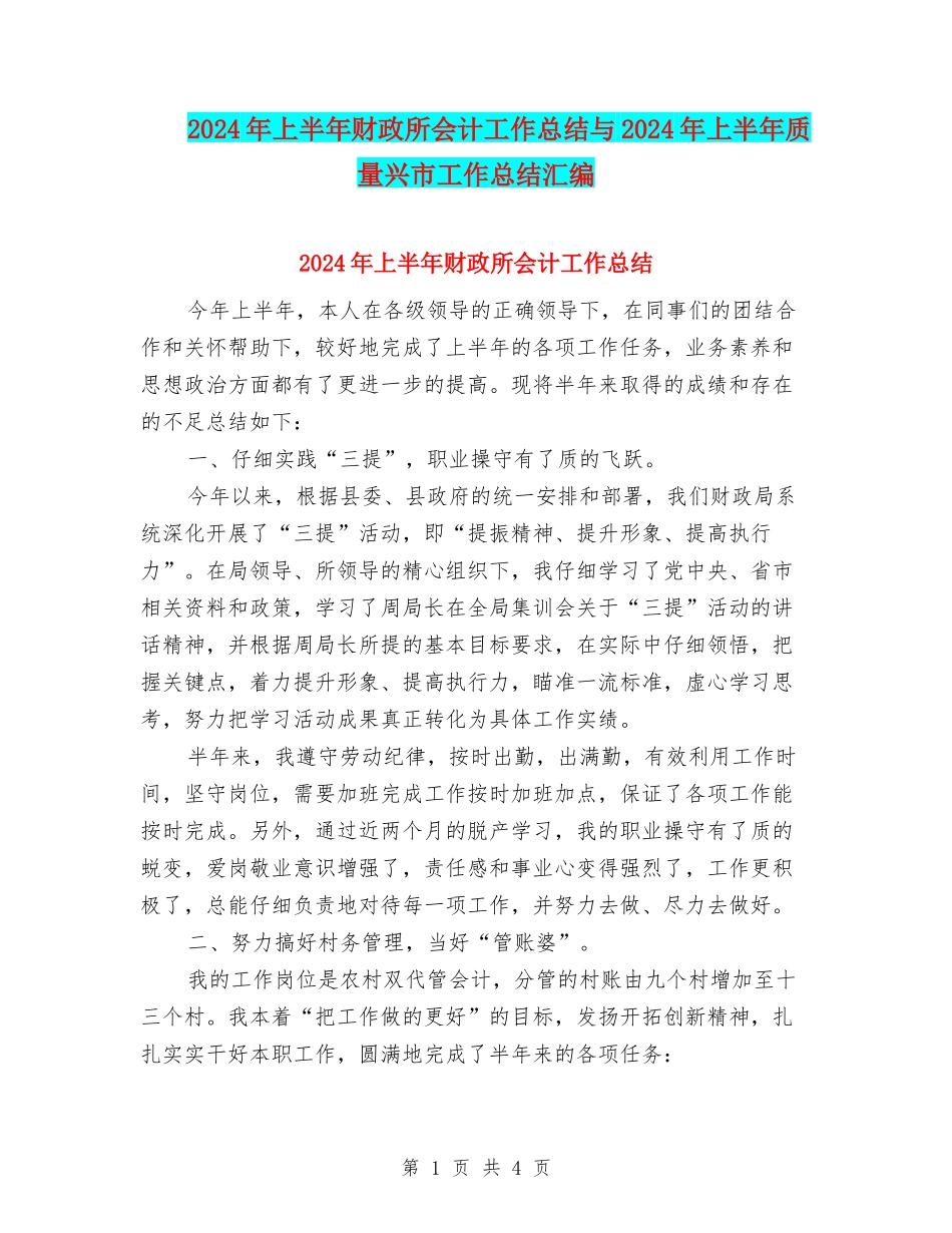 2024年上半年财政所会计工作总结与2024年上半年质量兴市工作总结汇编_第1页