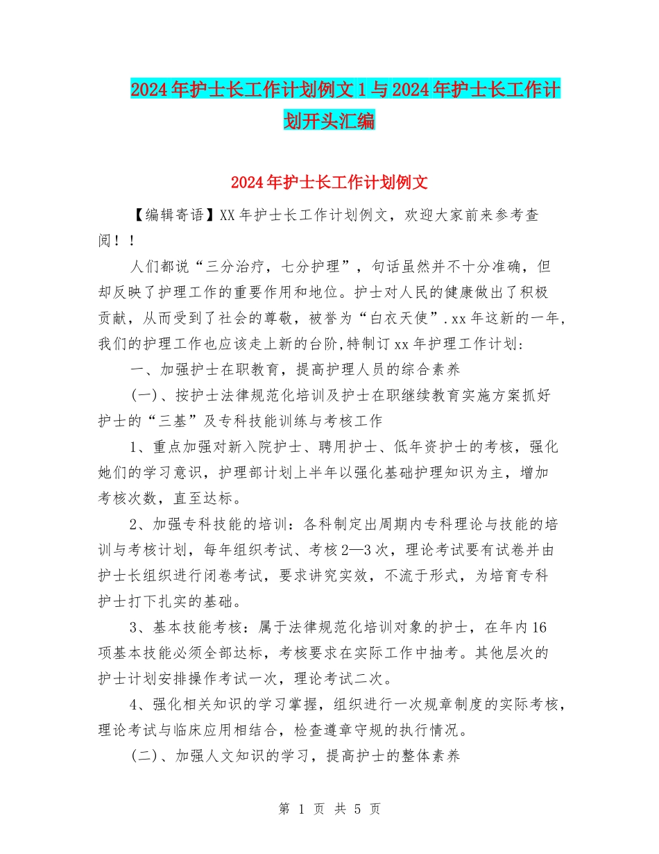 2024年护士长工作计划例文1与2024年护士长工作计划开头汇编_第1页