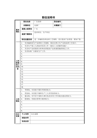 轧钢厂（工艺）厂长助理岗位说明书