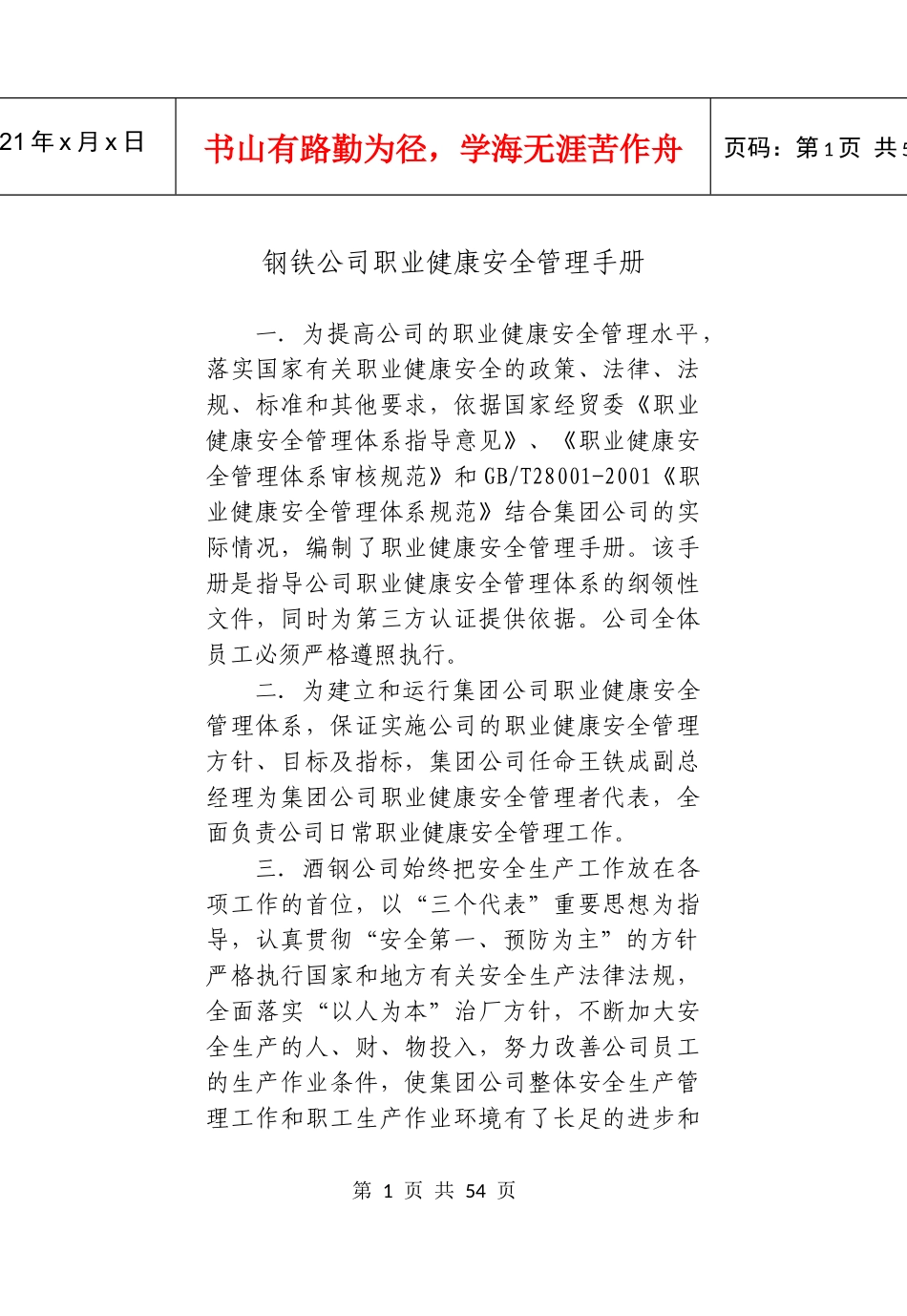 钢铁公司职业健康安全管理手册_第1页