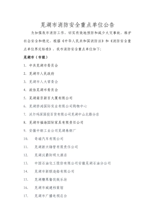 芜湖市消防安全重点单位公告