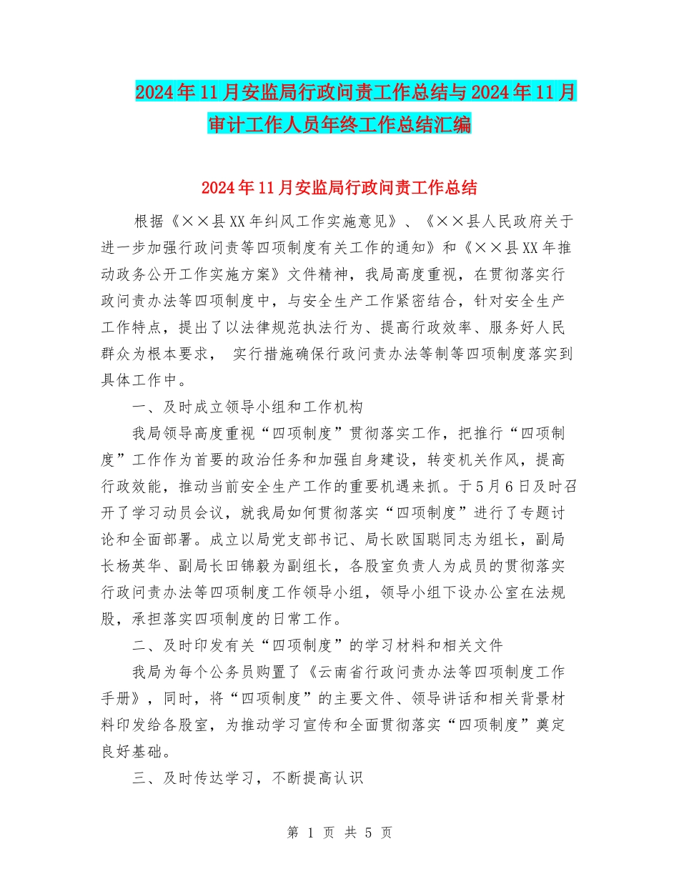 2024年11月安监局行政问责工作总结与2024年11月审计工作人员年终工作总结汇编_第1页