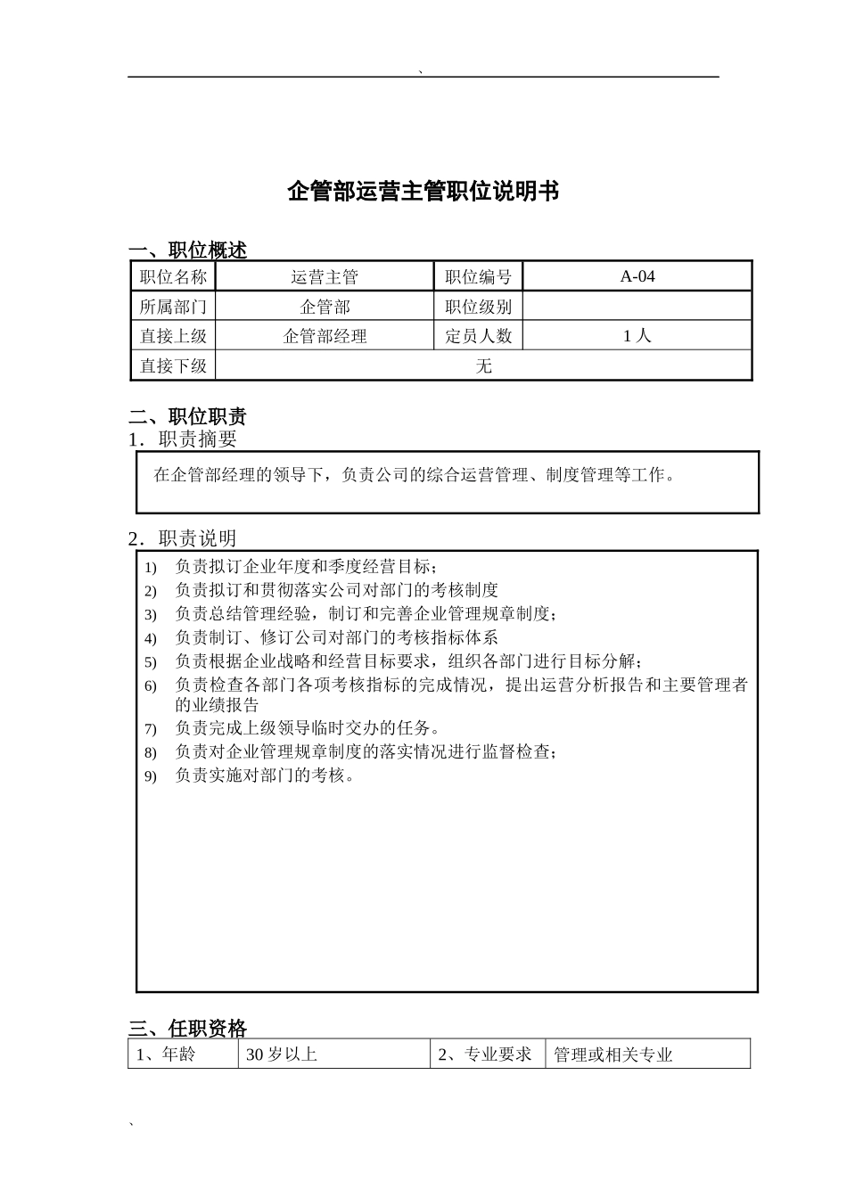 钢铁行业-企管部-运营主管岗位说明书_第1页