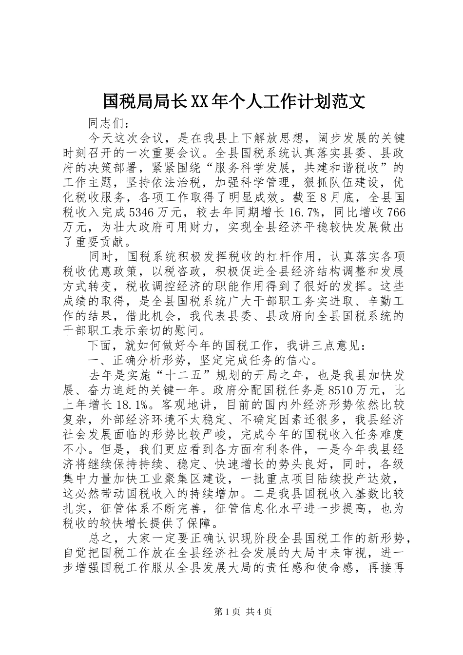 国税局局长XX年个人工作计划范文_第1页