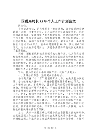 国税局局长XX年个人工作计划范文