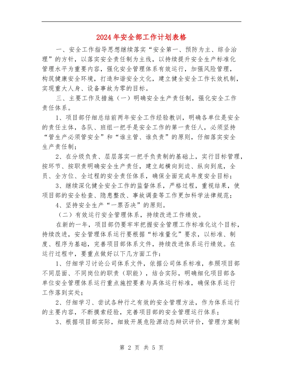 2024年安全部工作计划表格_第2页