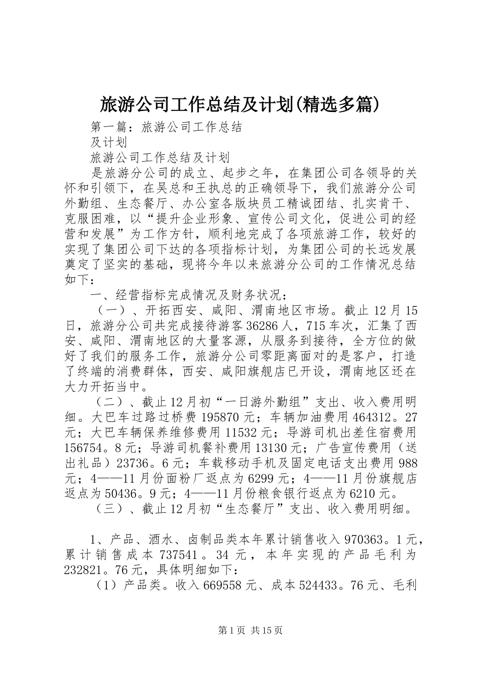 旅游公司工作总结及计划(精选多篇)_第1页
