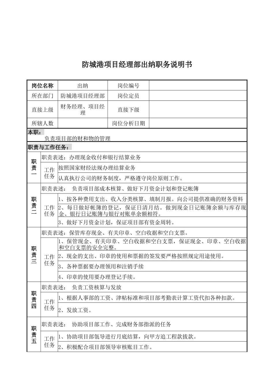 防城港项目经理部出纳职务说明书_第1页