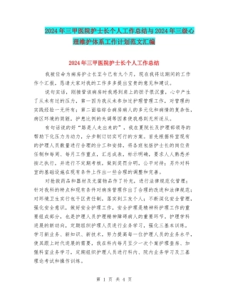 2024年三甲医院护士长个人工作总结与2024年三级心理维护体系工作计划范文汇编