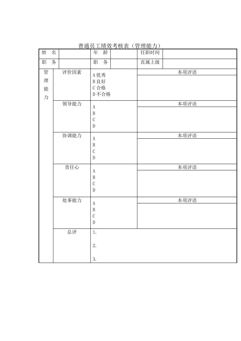 普通员工绩效考核表( 9)_第1页