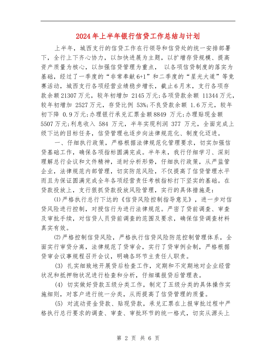 2024年上半年银行信贷工作总结与计划_第2页