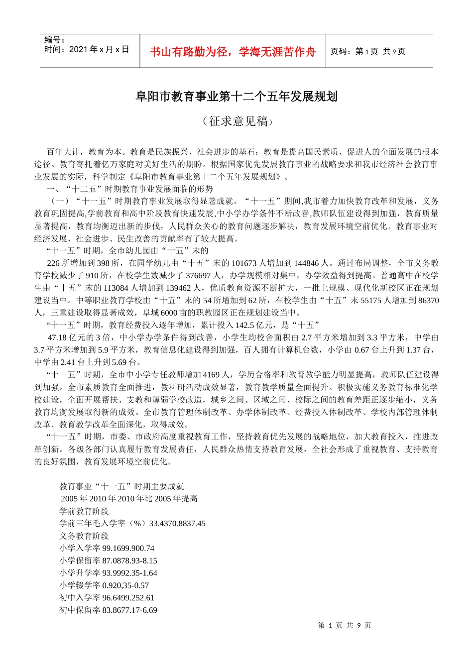 阜阳市教育事业第十二个五年发展规划_第1页