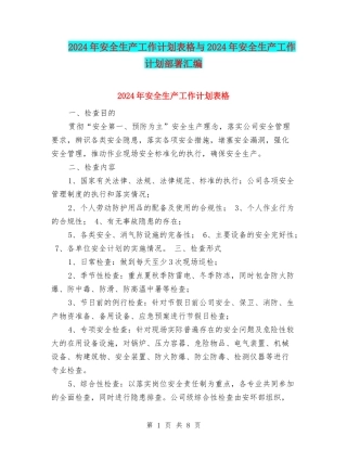 2024年安全生产工作计划表格与2024年安全生产工作计划部署汇编