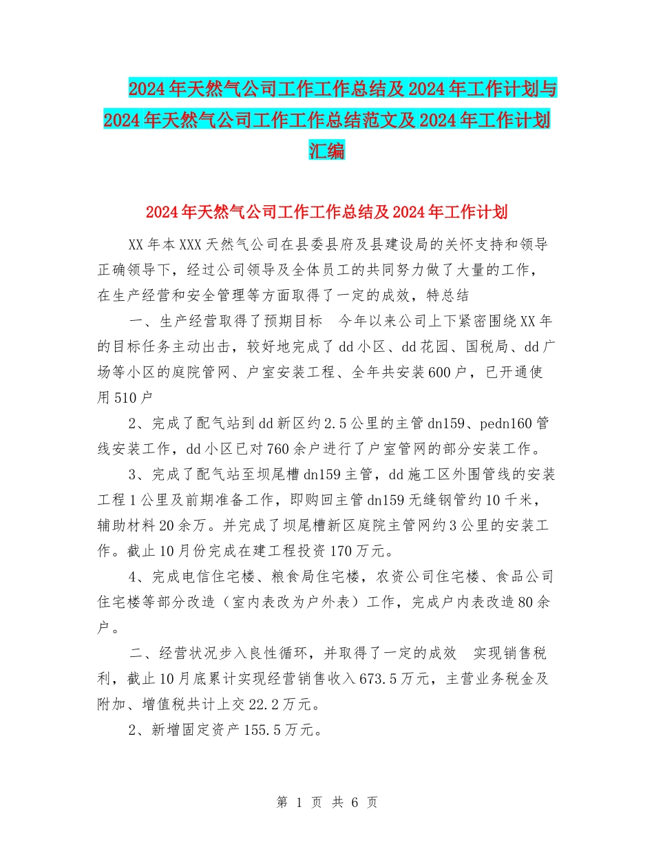 2024年天然气公司工作工作总结及2024年工作计划与2024年天然气公司工作工作总结范文及2024年工作计划汇编_第1页