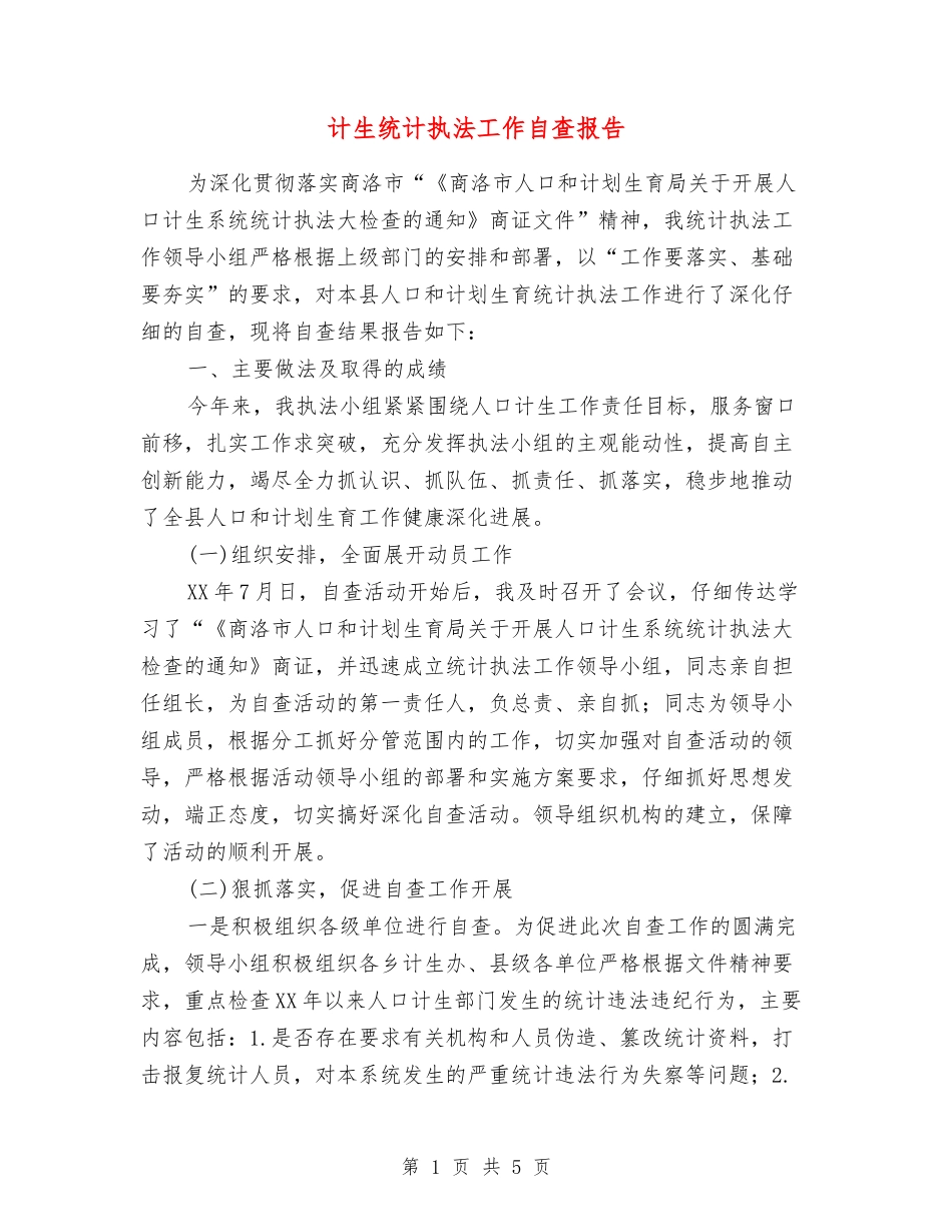 计生统计执法工作自查报告_第1页