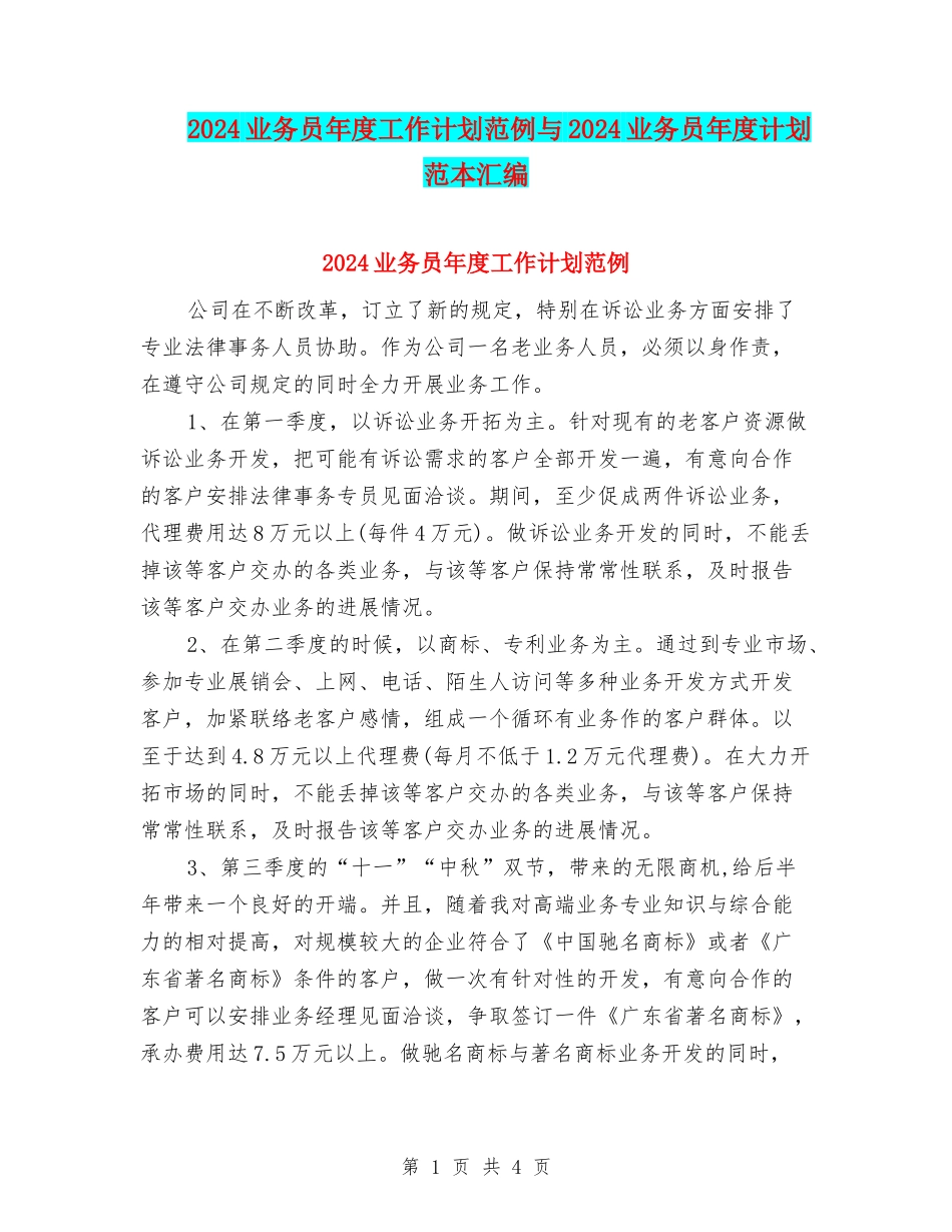 2024业务员年度工作计划范例与2024业务员年度计划范本汇编_第1页