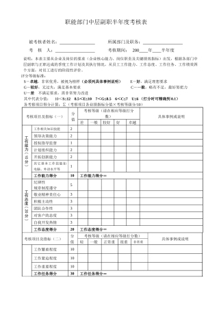 职能部门中层副职半年度考核表