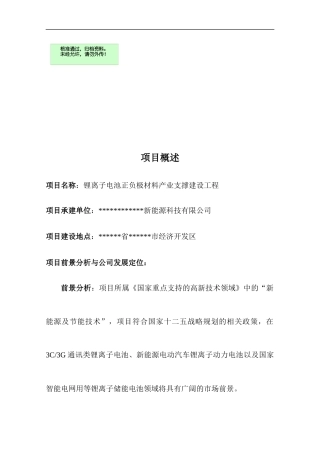 锂电池正负极材料生产线工程项目投资立项申报材料