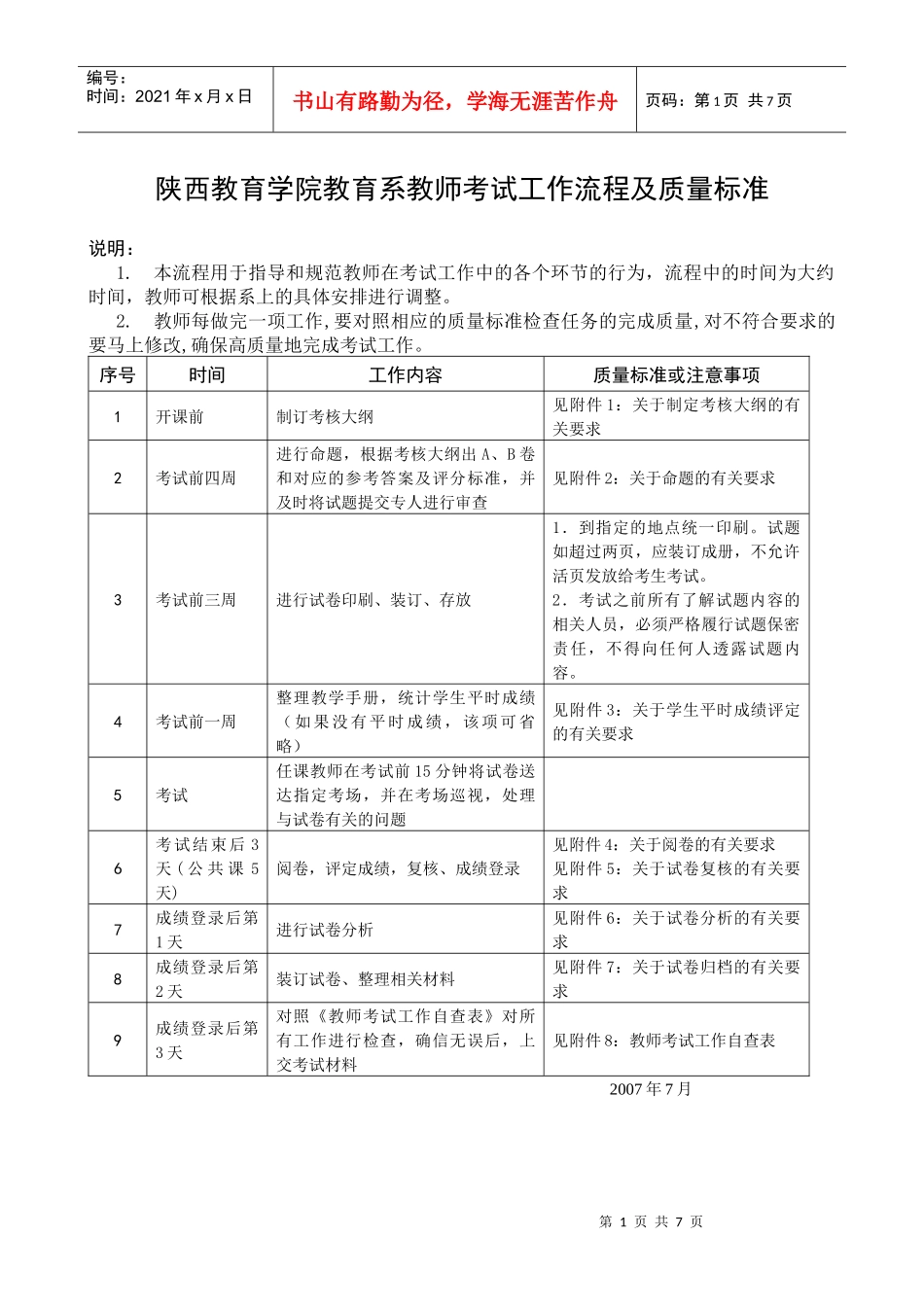 陕西教育学院教育系教师考试工作流程及质量标准_第1页