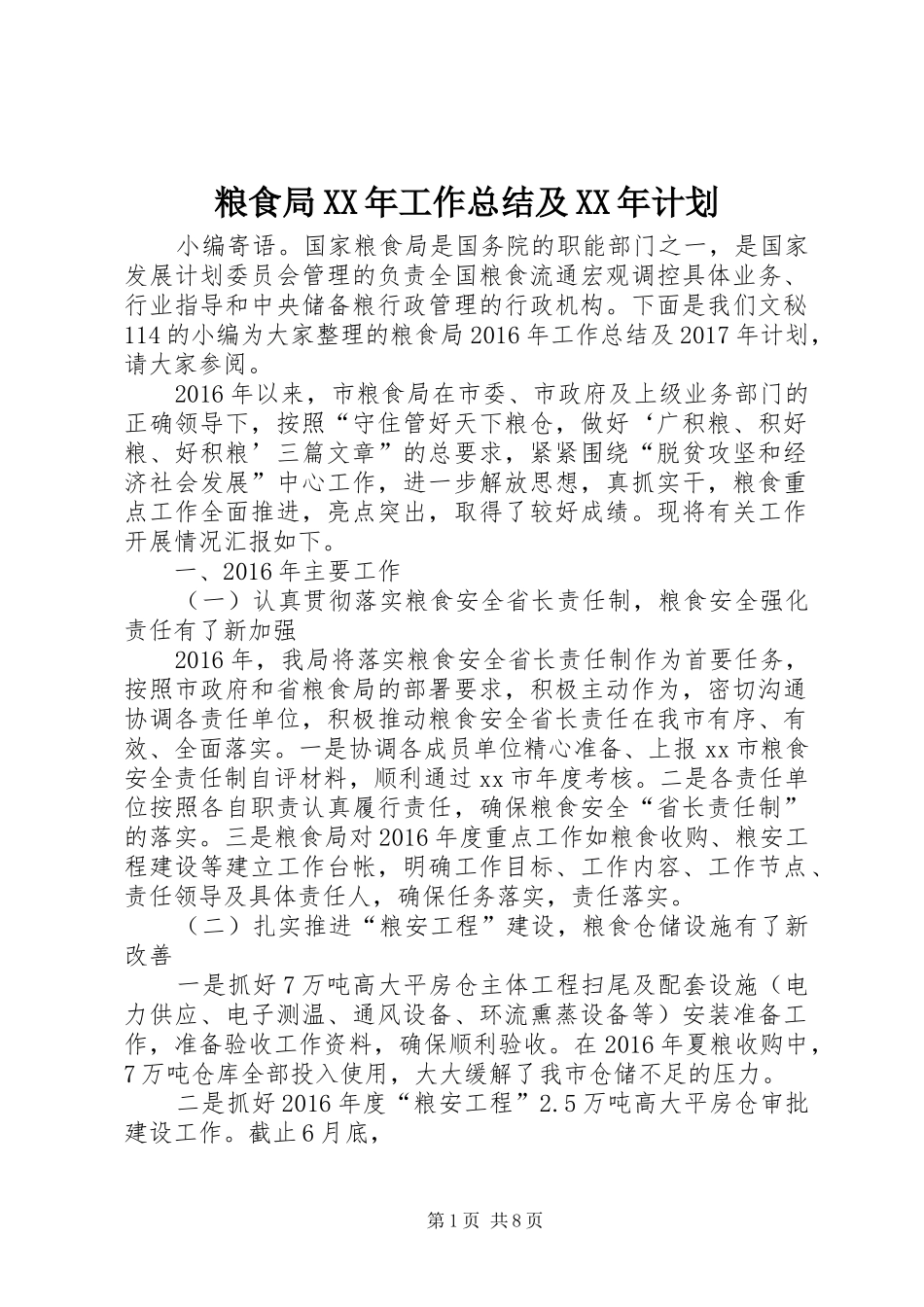 粮食局XX年工作总结及XX年计划_第1页