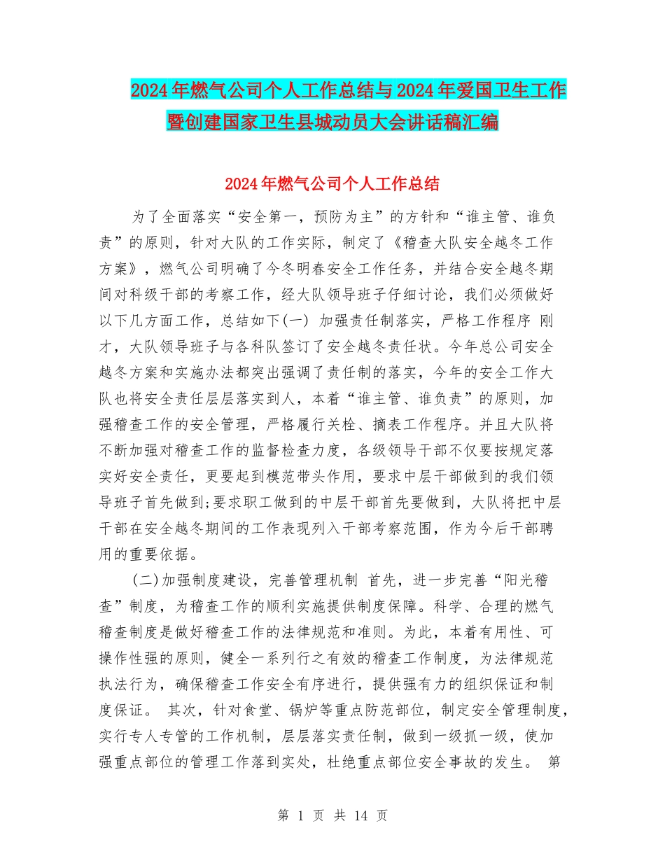 2024年燃气公司个人工作总结与2024年爱国卫生工作暨创建国家卫生县城动员大会讲话稿汇编_第1页