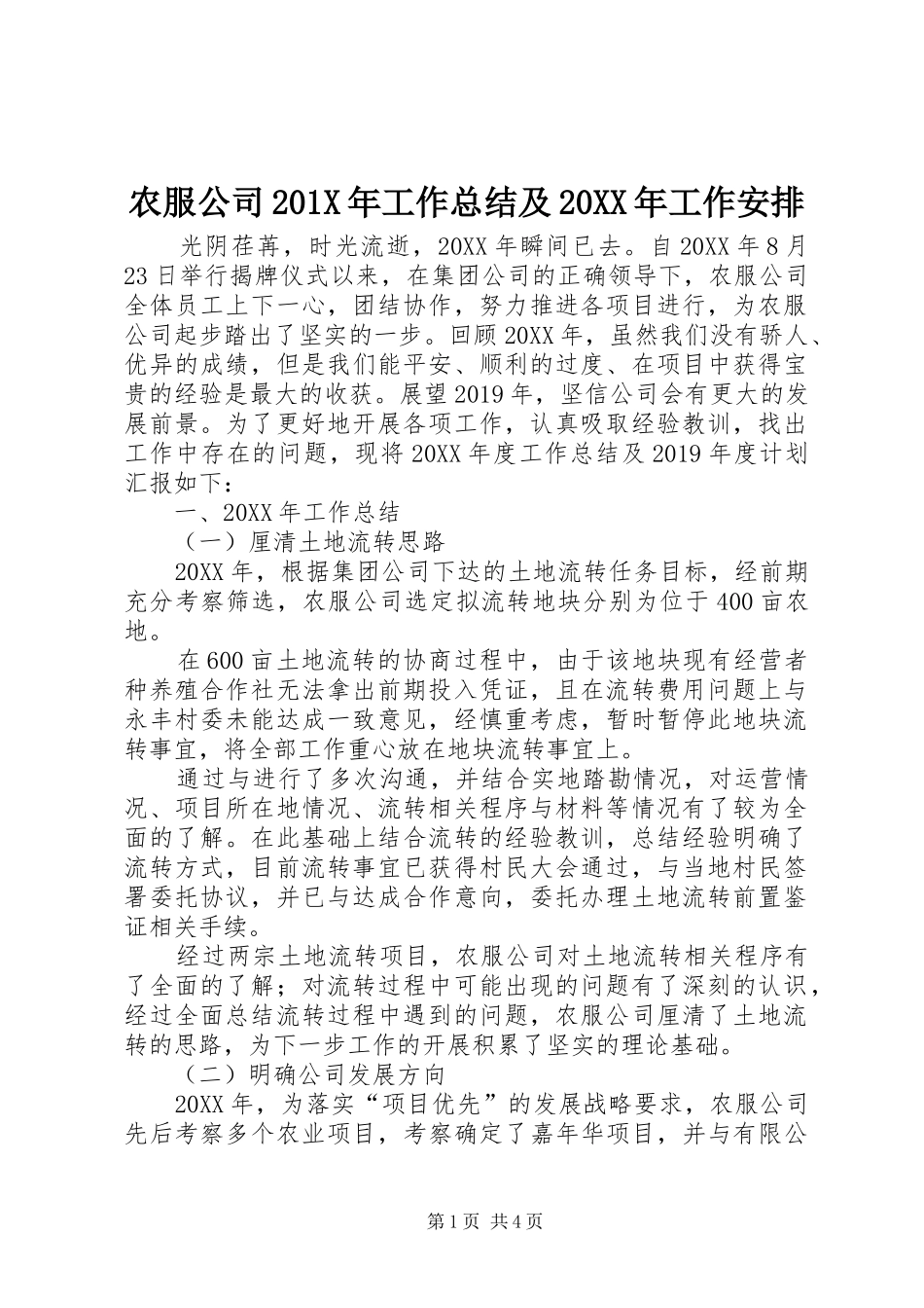 农服公司201X年工作总结及20XX年工作安排_第1页