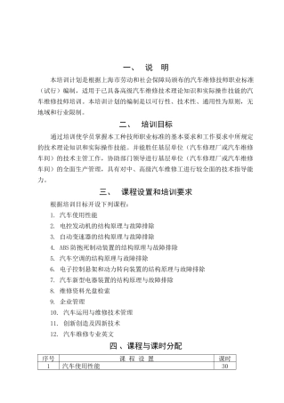 汽车维修高级技师培训计划书范本
