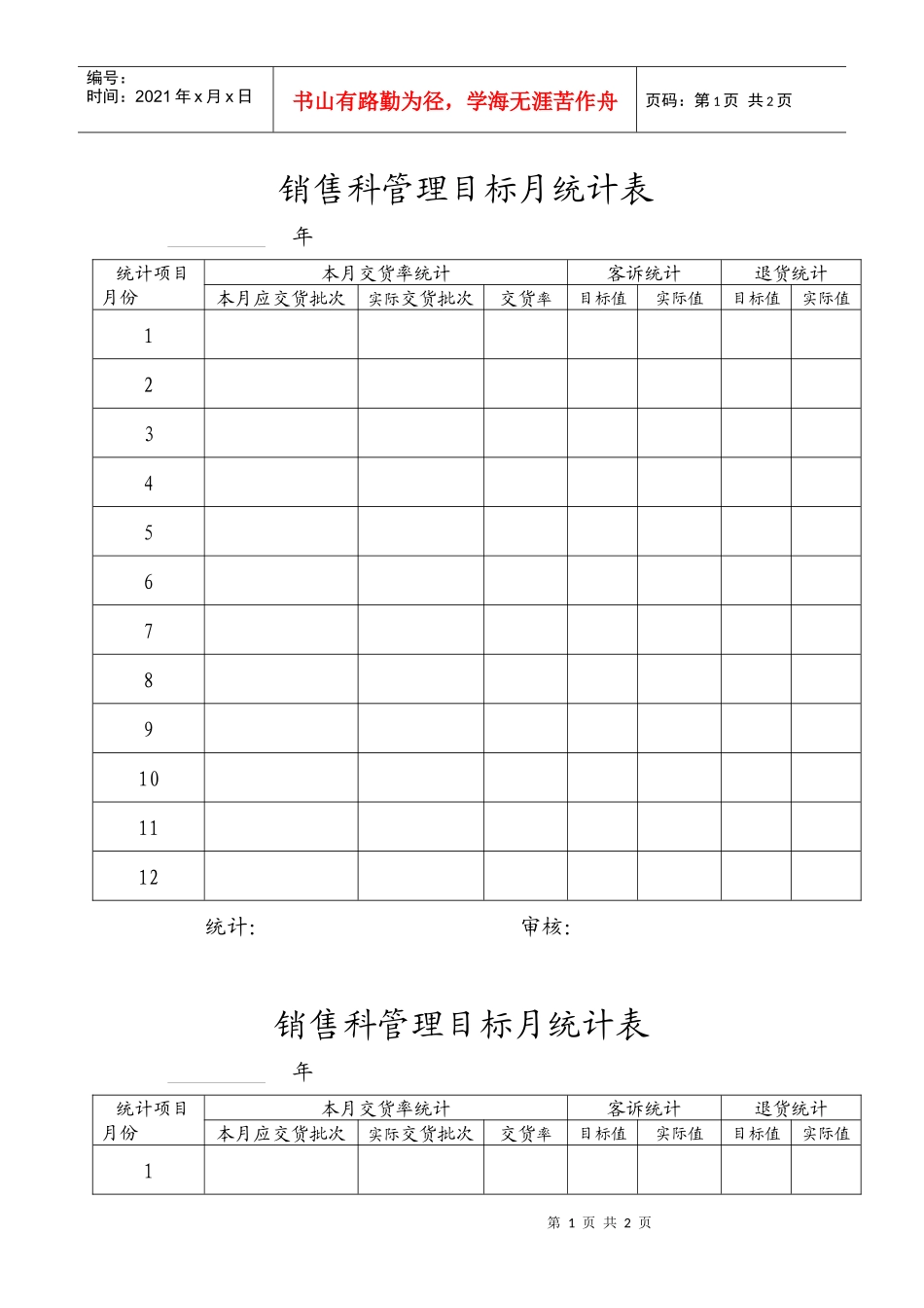 销售科管理目标月统计表_第1页