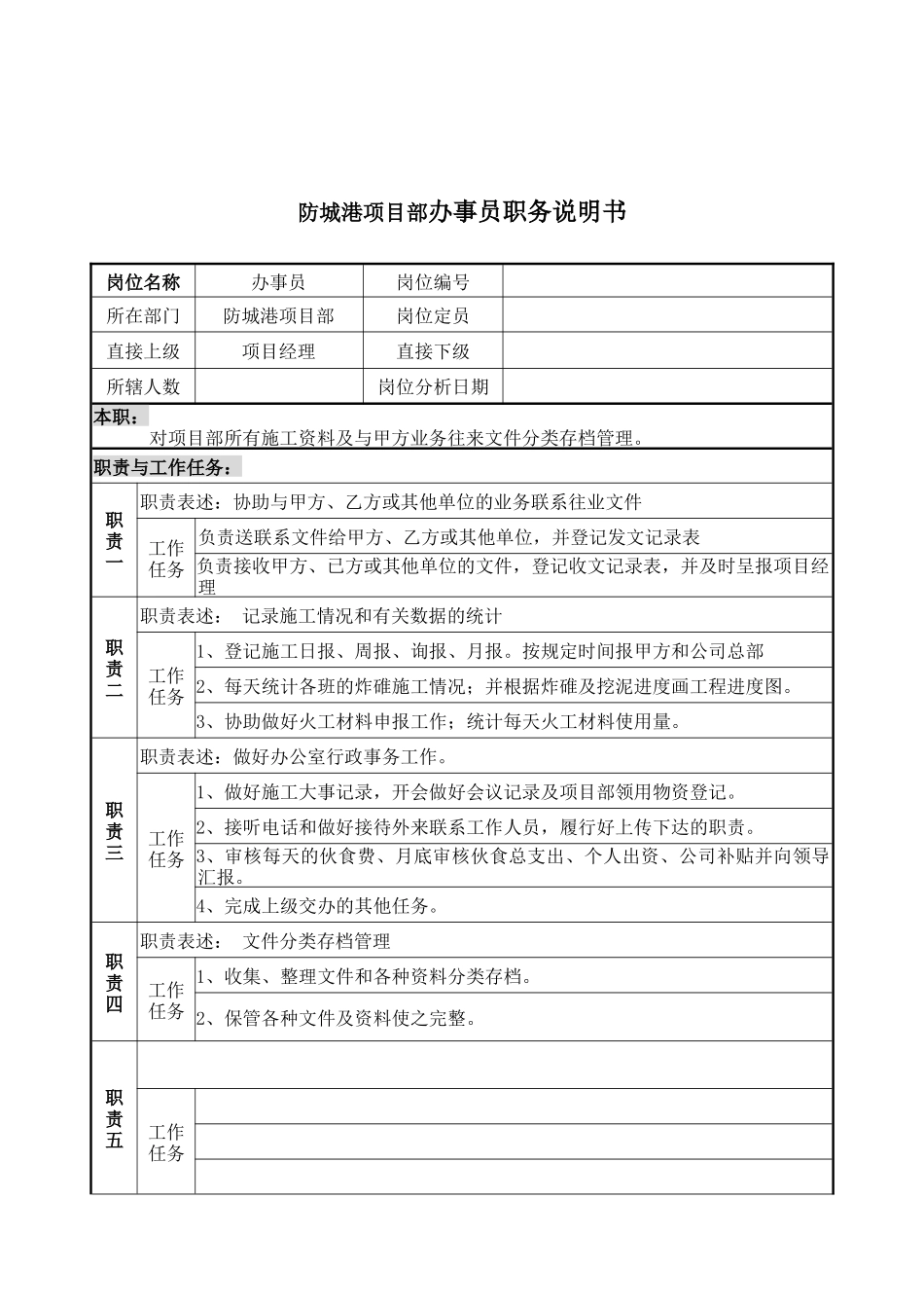 防城港项目部办事员职务说明书_第1页